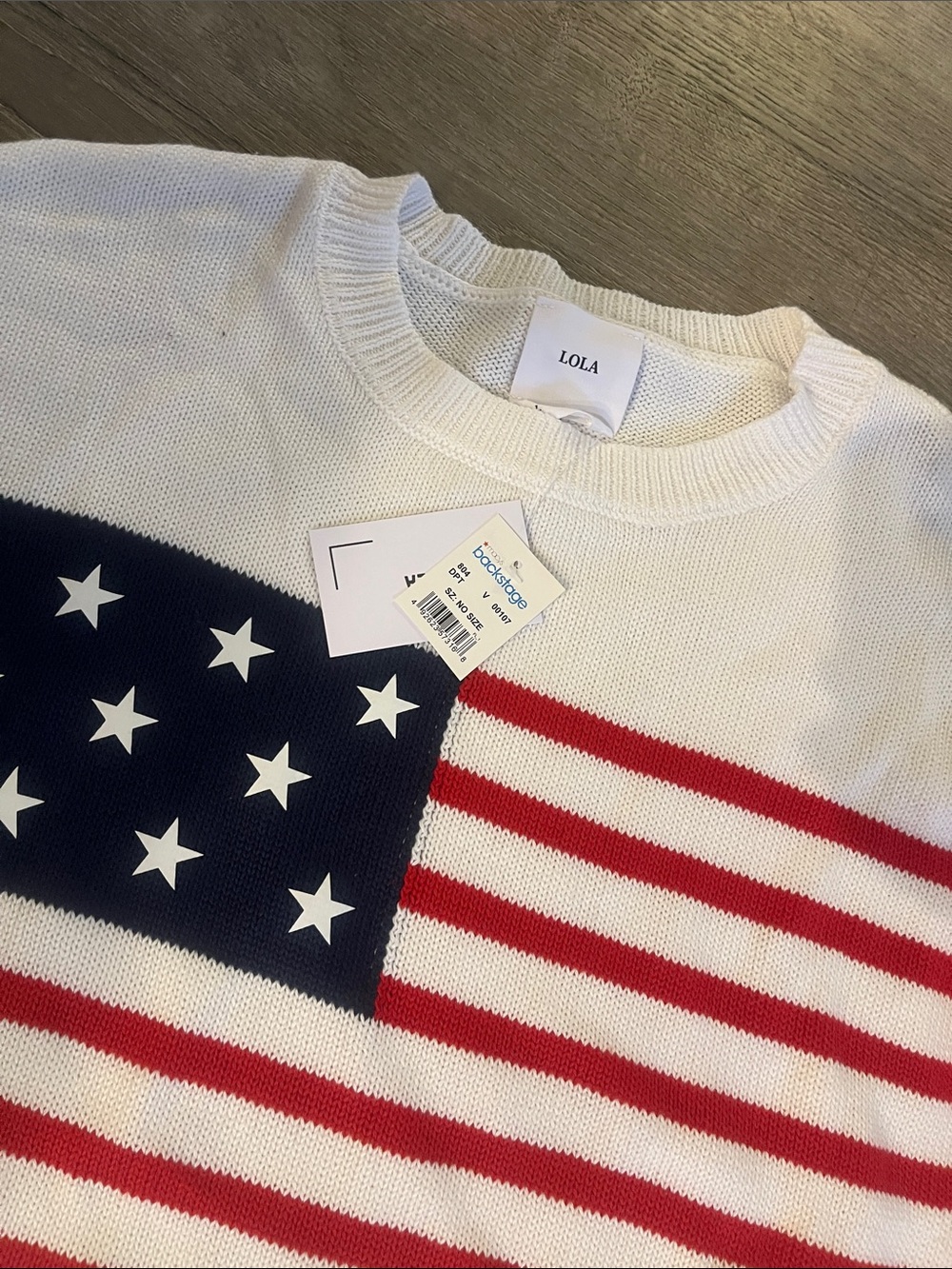 lola White Crewneck Sweater with Red Stripes and Navy Star Field - Picture 2 of 2